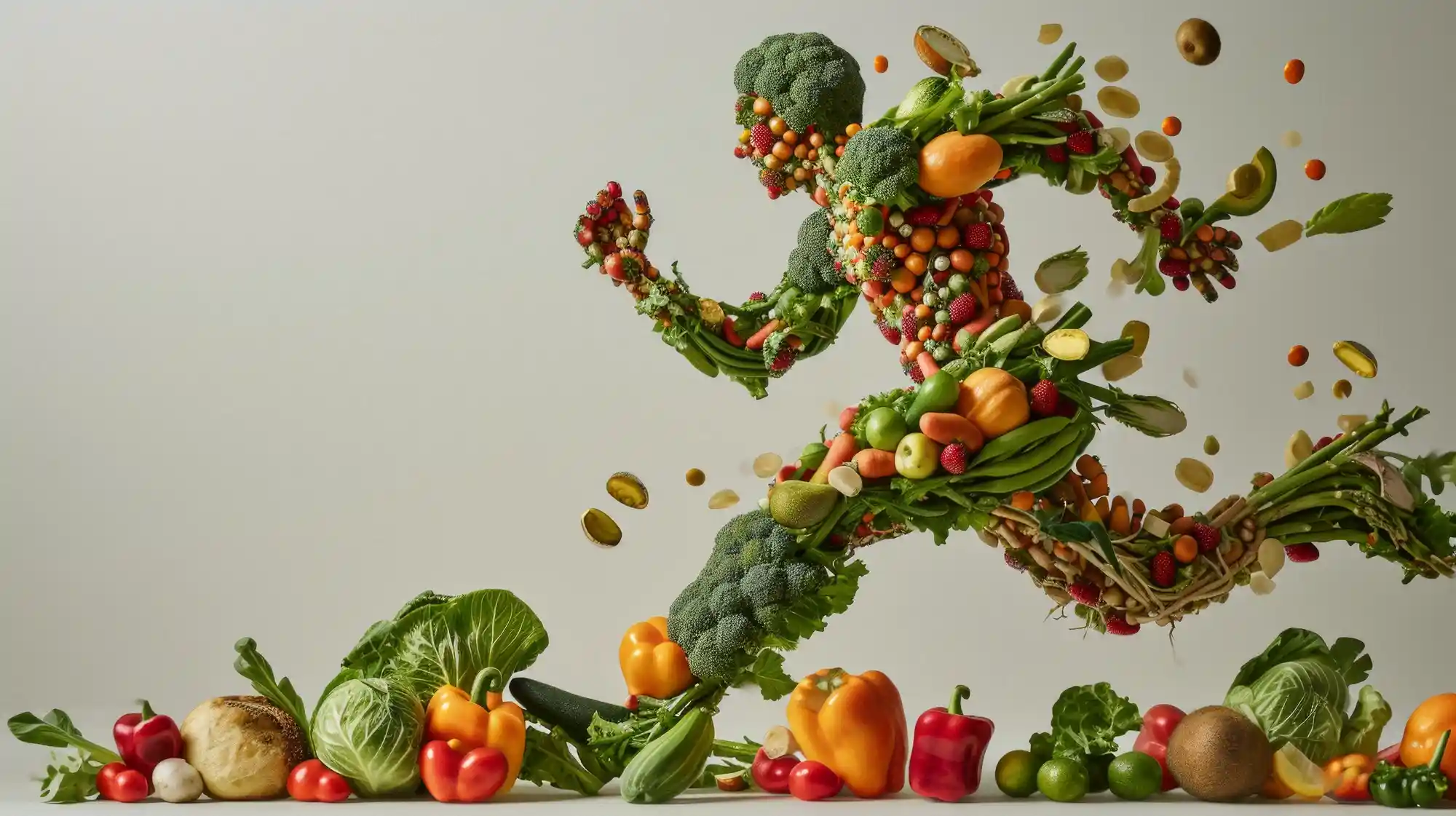 A figure of a running man made entirely of fresh vegetables and fruits, symbolizing metabolic energy and vitality