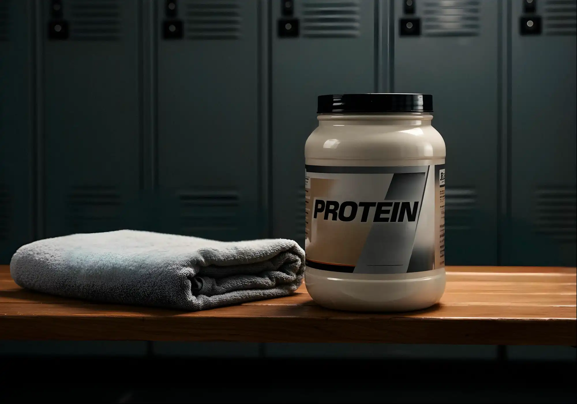 A tub of protein or creatine supplement in a gym locker room with a towel, symbolizing post-workout nutrition