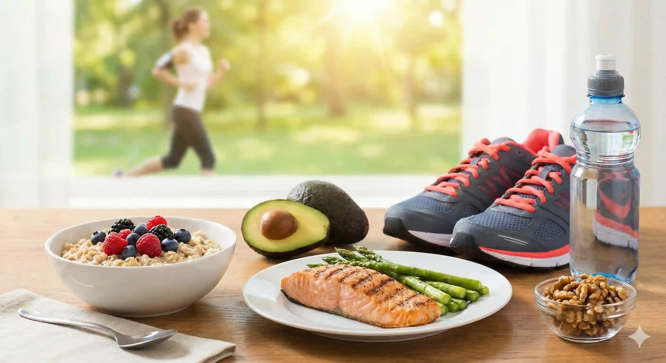 A montage of healthy lifestyle choices including a bowl of oatmeal with berries, a person jogging in a park, avocados, and walnuts on a table