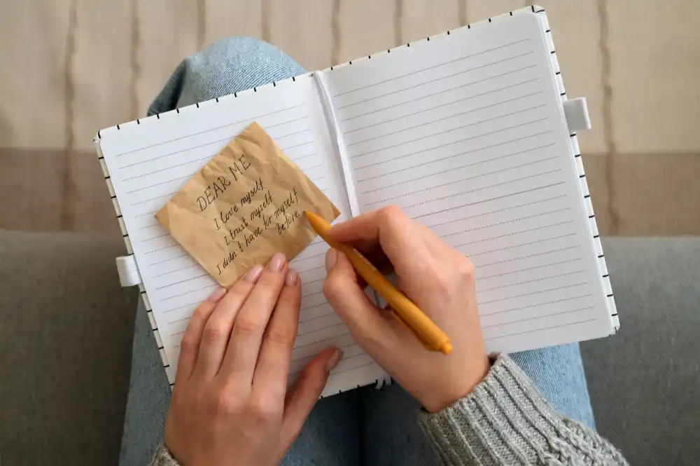 A person writing 'Dear Me, I love myself' in a notebook, illustrating self-compassion and affirmations