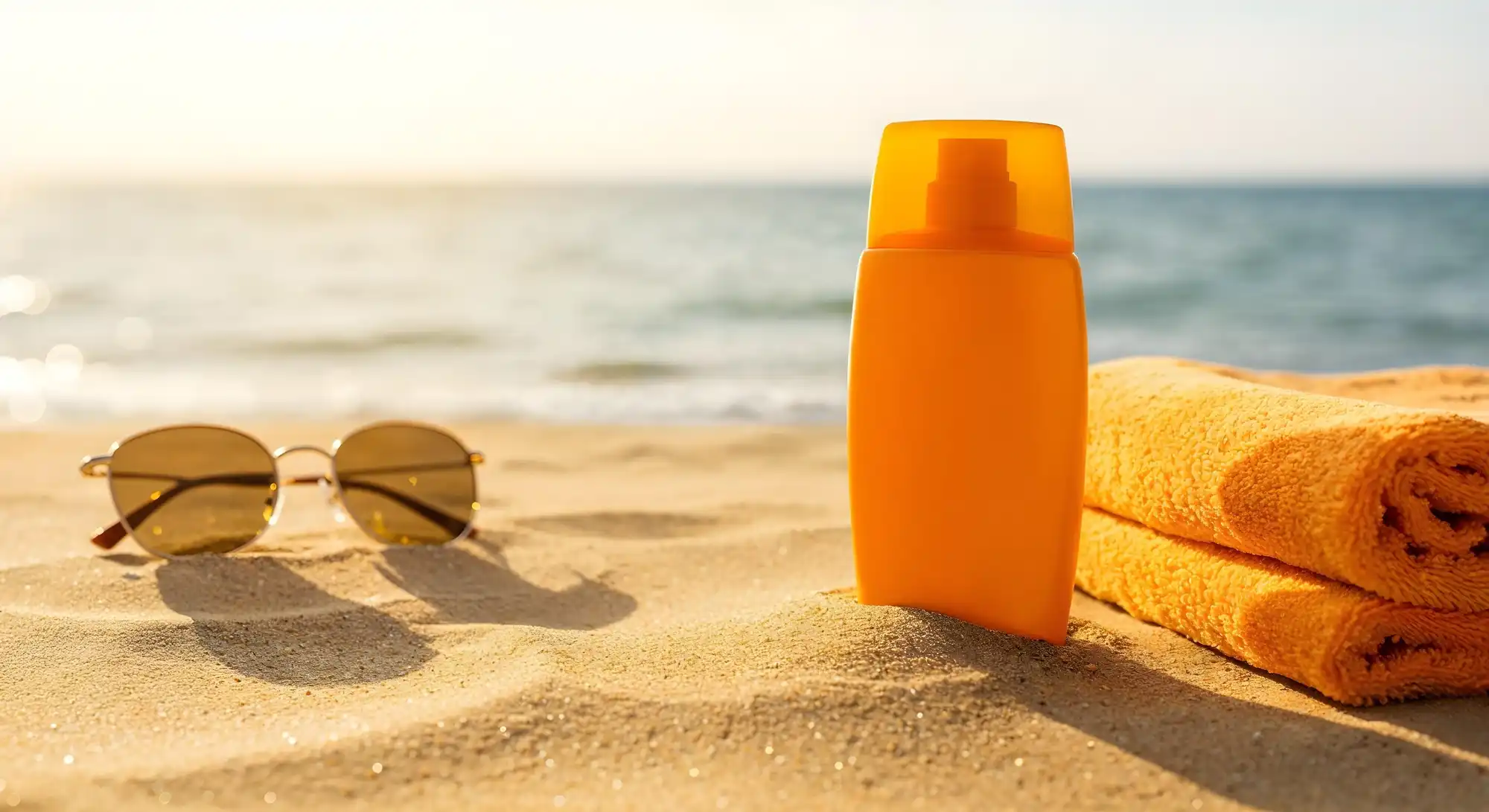 Essentials for a beach day: sunglasses, a bottle of orange sunscreen, and a towel on the sand