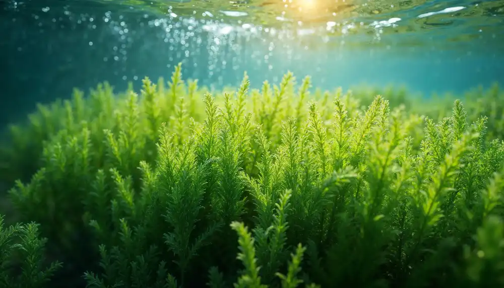Underwater view of green sea moss plants illuminated by sunlight