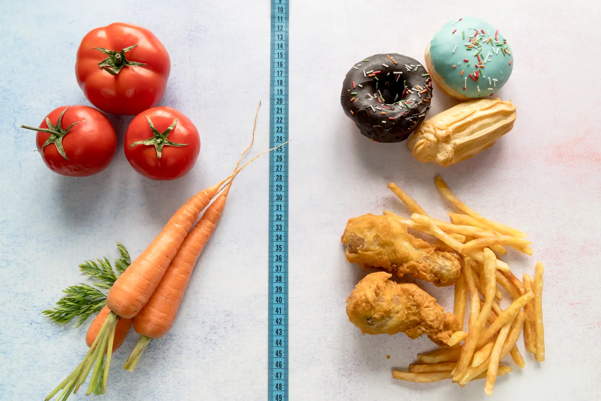 A tape measure dividing healthy vegetables from processed donuts and fries, symbolizing the dietary choices that lead to body composition