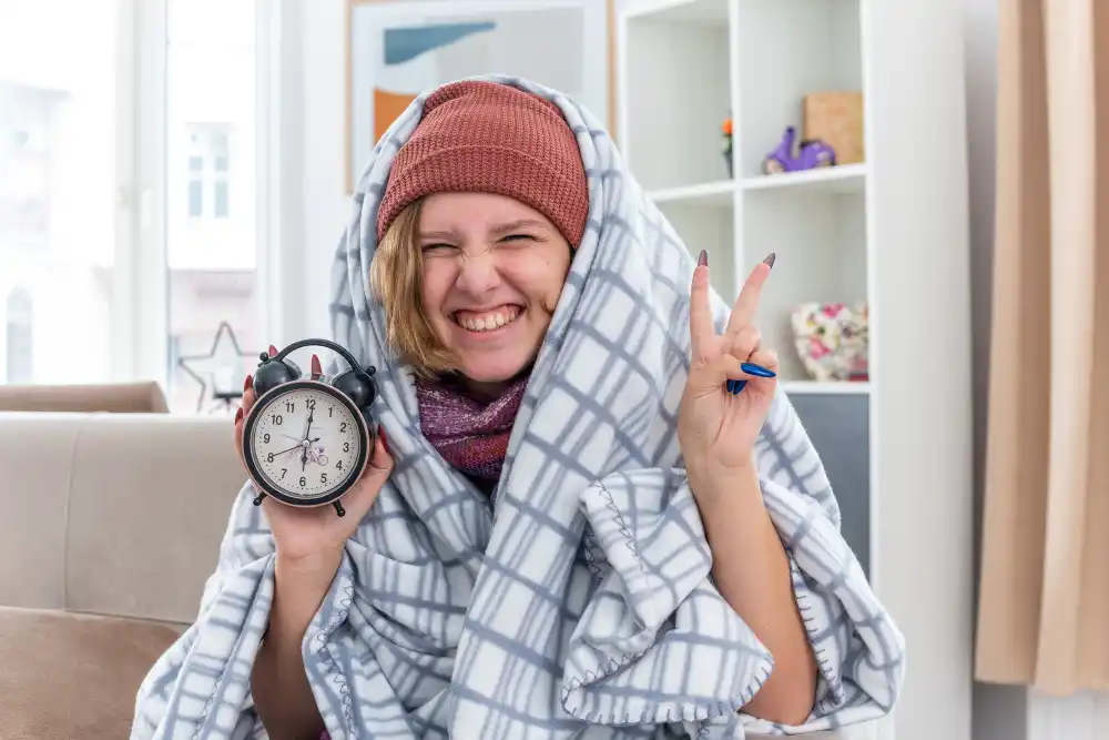 A young woman struggling to wake up, holding an alarm clock and wrapped in a blanket, looking tired